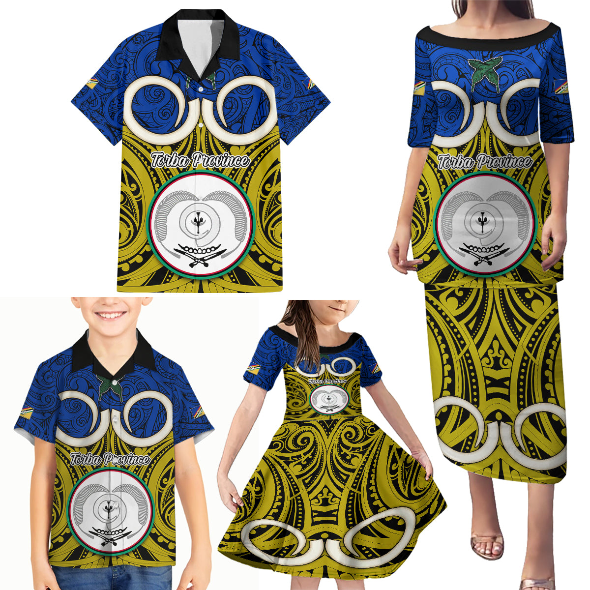 Vanuatu Torba Province Family Matching Puletasi Dress and Hawaiian Shirt Pig Tusk Mix Maori Pattern and Namele Leaf LT03 - Polynesian Pride