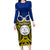 Vanuatu Torba Province Long Sleeve Bodycon Dress Pig Tusk Mix Maori Pattern and Namele Leaf LT03 Long Dress Blue - Polynesian Pride