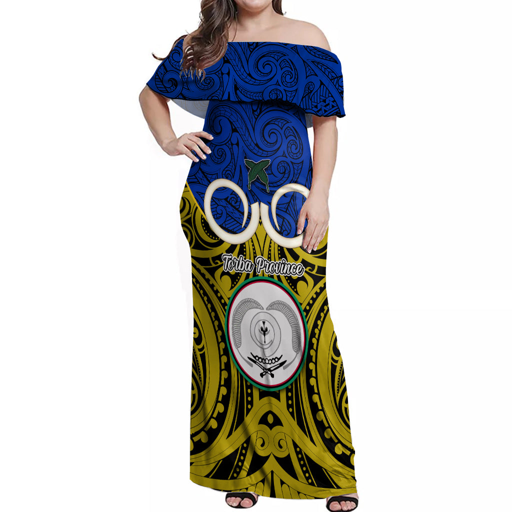 Vanuatu Torba Province Off Shoulder Maxi Dress Pig Tusk Mix Maori Pattern and Namele Leaf LT03 Women Blue - Polynesian Pride