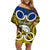 Vanuatu Torba Province Off Shoulder Short Dress Pig Tusk Mix Maori Pattern and Namele Leaf LT03 Women Blue - Polynesian Pride