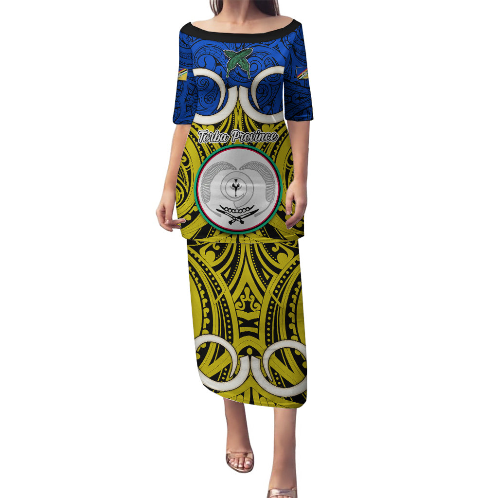 Vanuatu Torba Province Puletasi Pig Tusk Mix Maori Pattern and Namele Leaf LT03 Long Dress Blue - Polynesian Pride