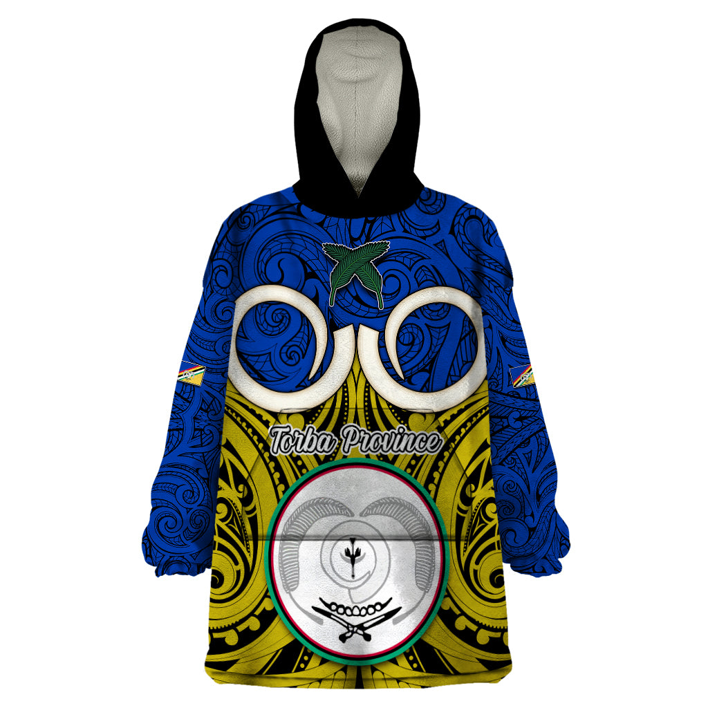 Vanuatu Torba Province Wearable Blanket Hoodie Pig Tusk Mix Maori Pattern and Namele Leaf LT03 One Size Blue - Polynesian Pride