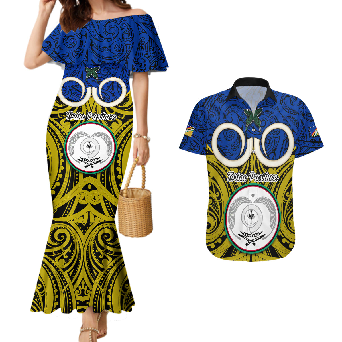 Personalised Vanuatu Torba Province Couples Matching Mermaid Dress and Hawaiian Shirt Pig Tusk Mix Maori Pattern and Namele Leaf LT03 Blue - Polynesian Pride