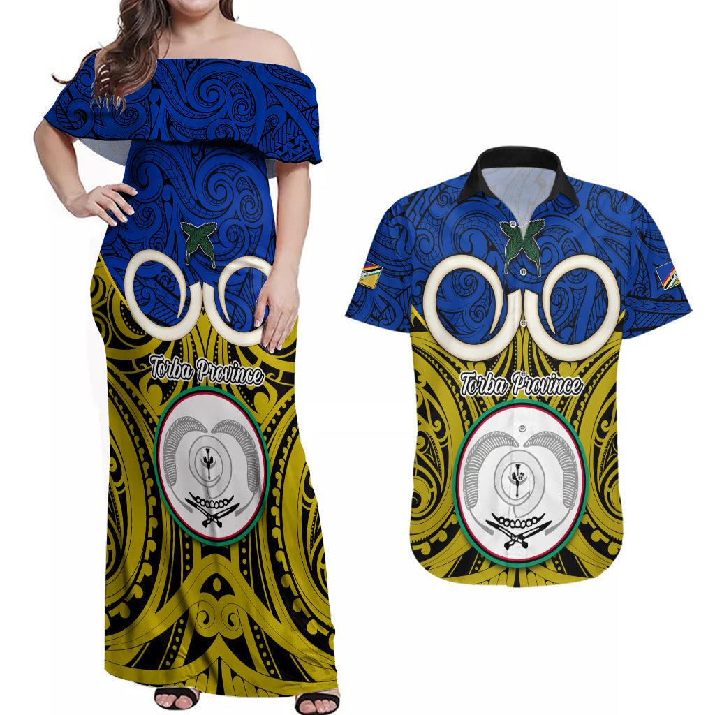 Personalised Vanuatu Torba Province Couples Matching Off Shoulder Maxi Dress and Hawaiian Shirt Pig Tusk Mix Maori Pattern and Namele Leaf LT03 Blue - Polynesian Pride