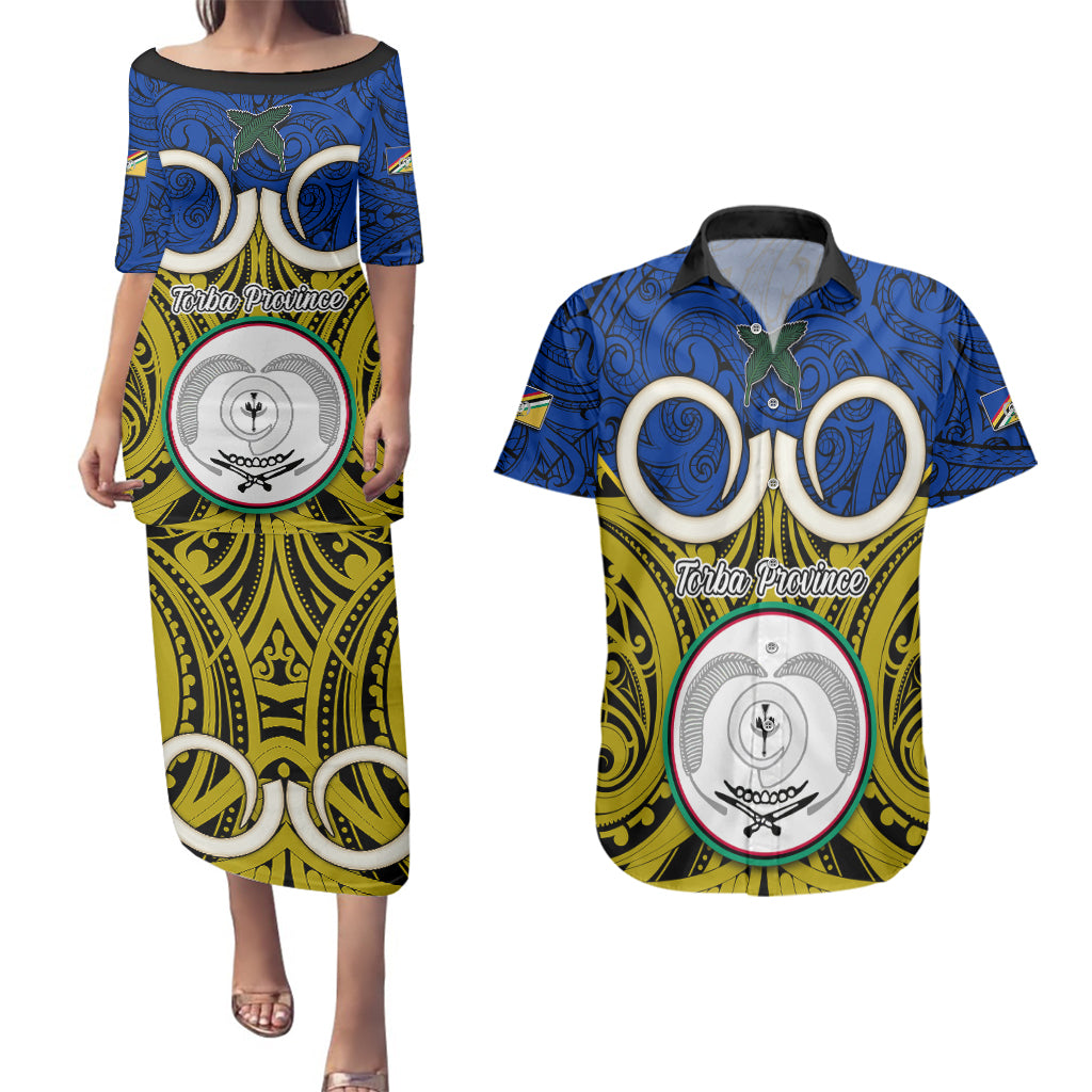 Personalised Vanuatu Torba Province Couples Matching Puletasi Dress and Hawaiian Shirt Pig Tusk Mix Maori Pattern and Namele Leaf LT03 Blue - Polynesian Pride