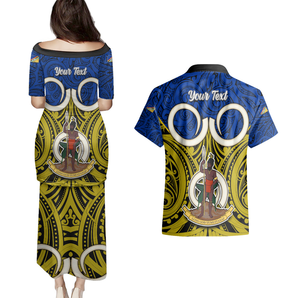 Personalised Vanuatu Torba Province Couples Matching Puletasi Dress and Hawaiian Shirt Pig Tusk Mix Maori Pattern and Namele Leaf LT03 - Polynesian Pride