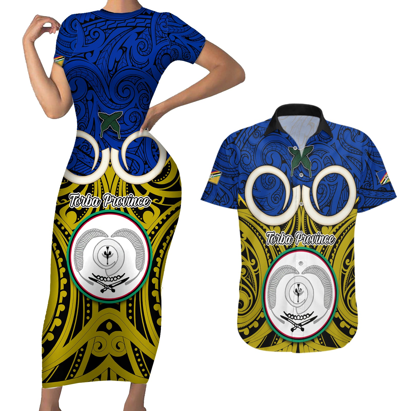 Personalised Vanuatu Torba Province Couples Matching Short Sleeve Bodycon Dress and Hawaiian Shirt Pig Tusk Mix Maori Pattern and Namele Leaf LT03 Blue - Polynesian Pride