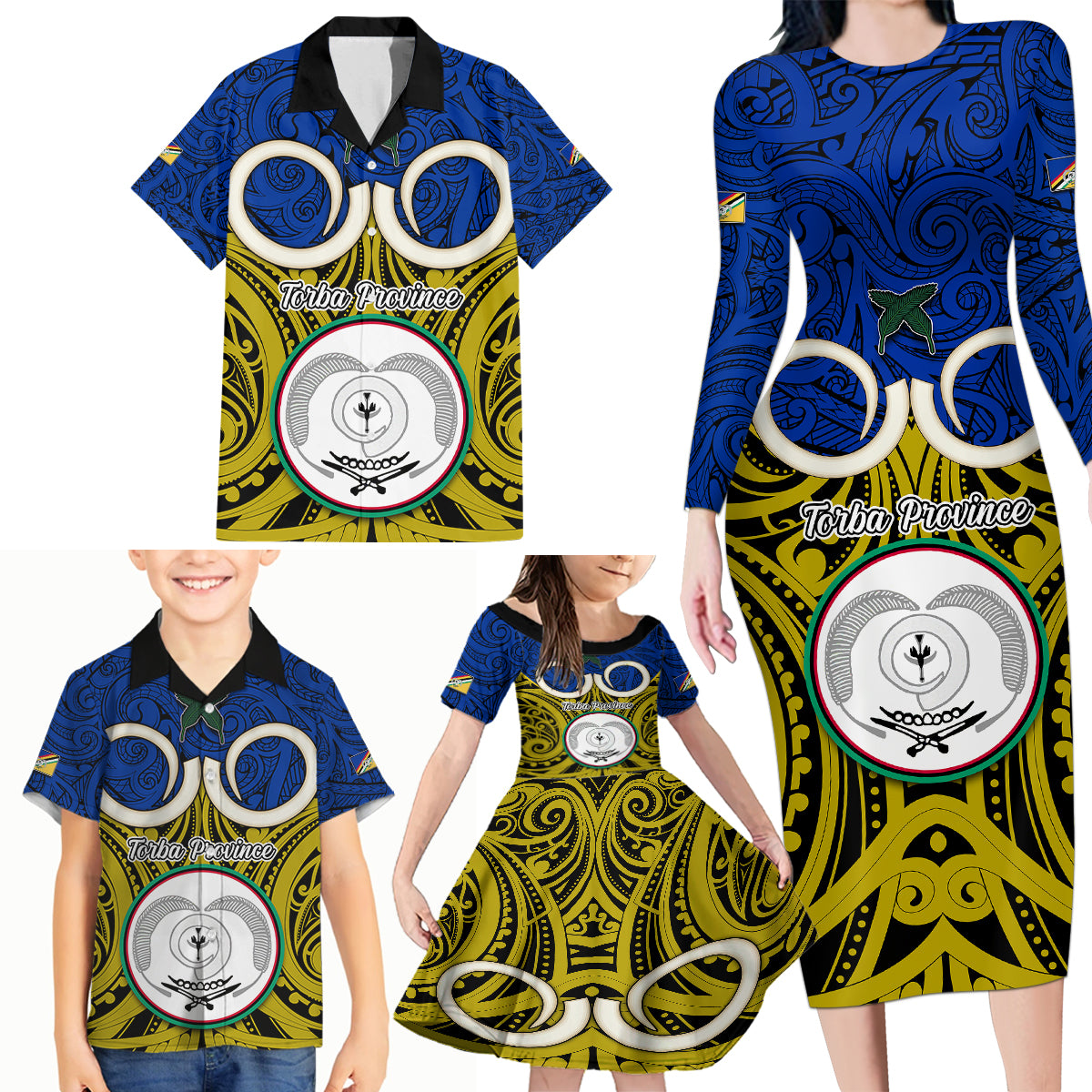 Personalised Vanuatu Torba Province Family Matching Long Sleeve Bodycon Dress and Hawaiian Shirt Pig Tusk Mix Maori Pattern and Namele Leaf LT03 - Polynesian Pride