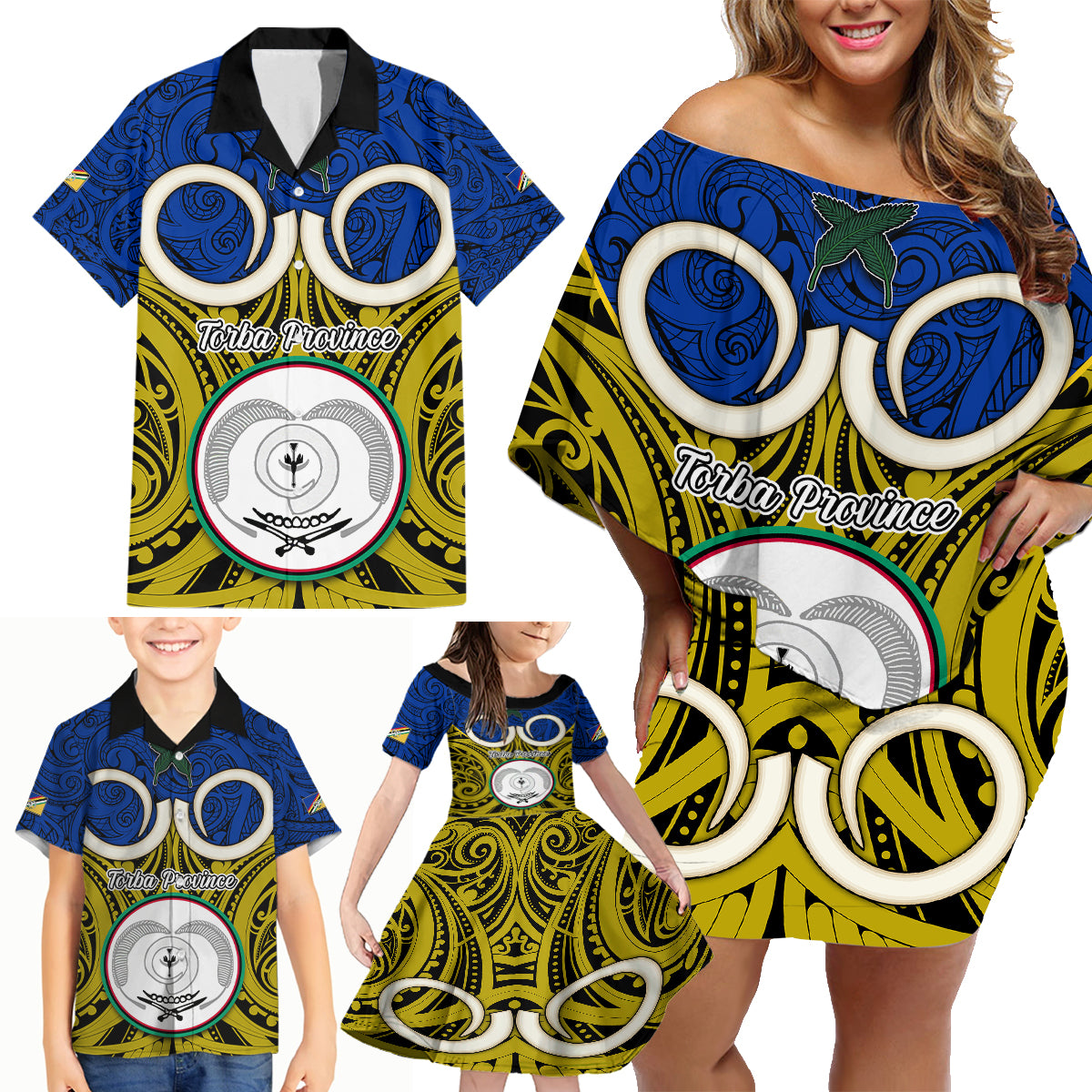 Personalised Vanuatu Torba Province Family Matching Off Shoulder Short Dress and Hawaiian Shirt Pig Tusk Mix Maori Pattern and Namele Leaf LT03 - Polynesian Pride