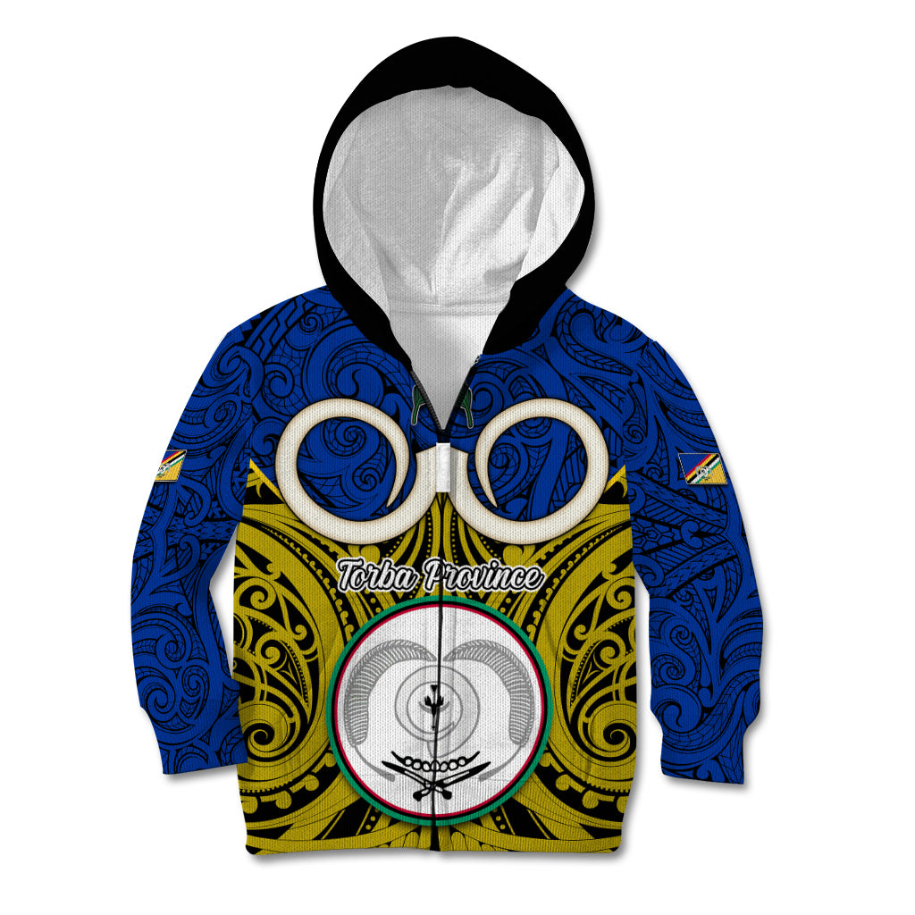 Personalised Vanuatu Torba Province Kid Hoodie Pig Tusk Mix Maori Pattern and Namele Leaf LT03 Zip Hoodie Blue - Polynesian Pride