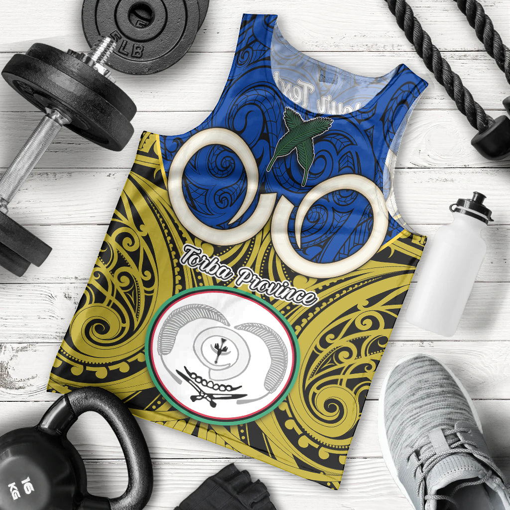 Personalised Vanuatu Torba Province Men Tank Top Pig Tusk Mix Maori Pattern and Namele Leaf LT03 Blue - Polynesian Pride