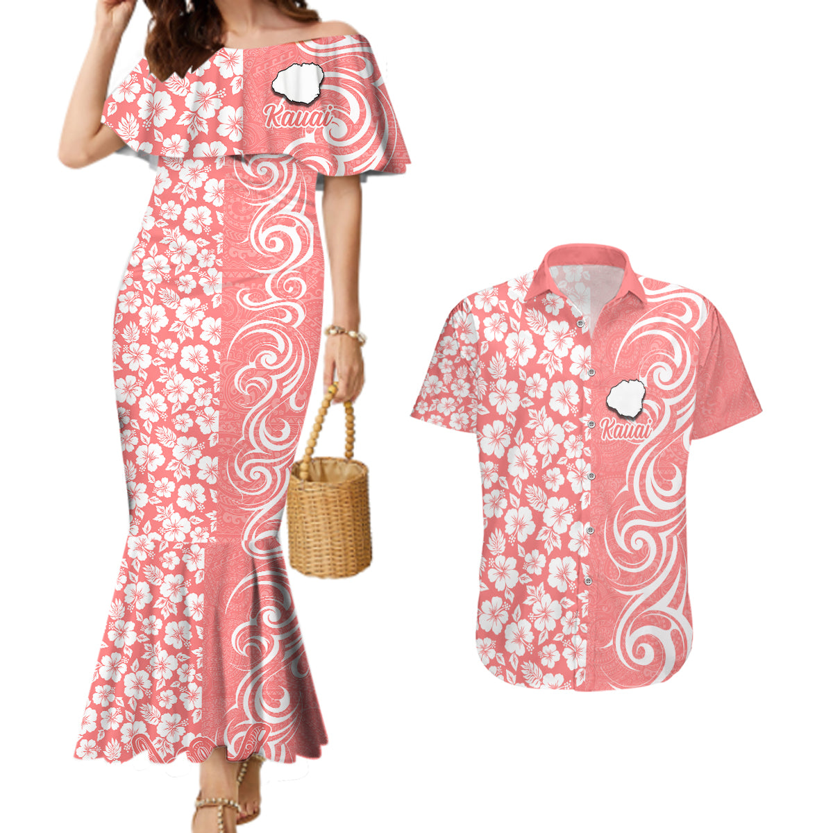 Hawaii Kauai Island Couples Matching Mermaid Dress and Hawaiian Shirt Hibiscus Pattern Seamless Tribal Simple Pink Pastel LT03 Pink - Polynesian Pride