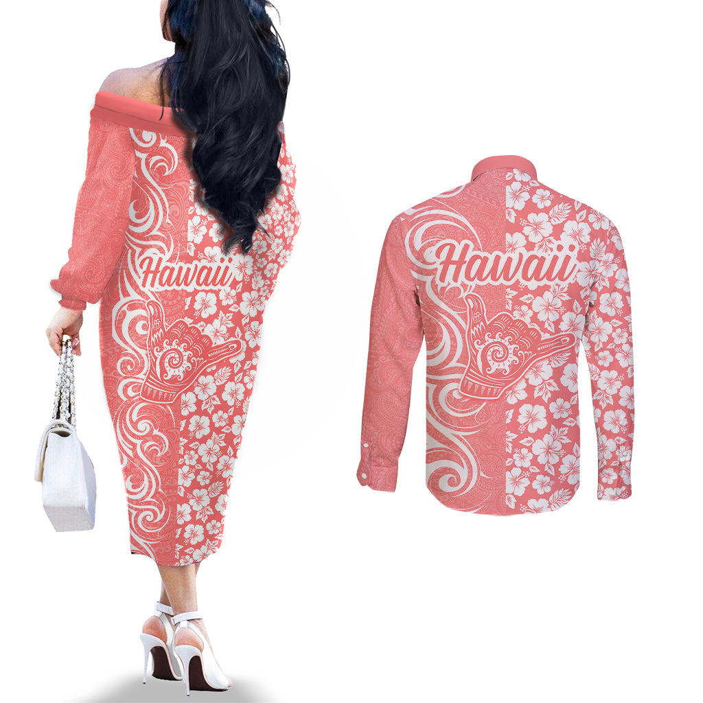 Hawaii Kauai Island Couples Matching Off The Shoulder Long Sleeve Dress and Long Sleeve Button Shirts Hibiscus Pattern Seamless Tribal Simple Pink Pastel LT03 - Polynesian Pride