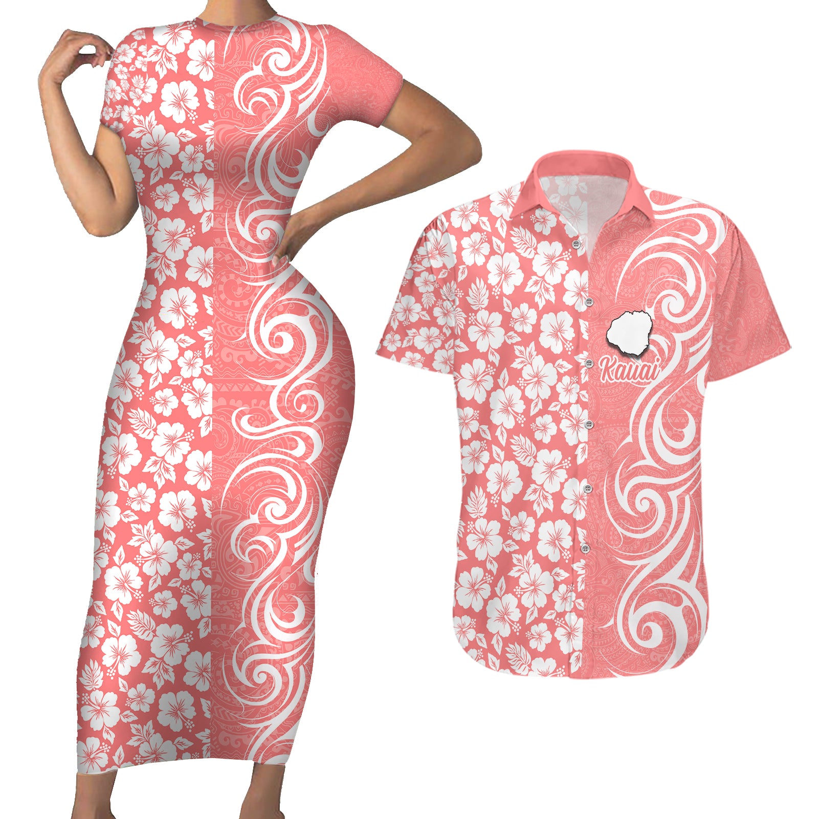 Hawaii Kauai Island Couples Matching Short Sleeve Bodycon Dress and Hawaiian Shirt Hibiscus Pattern Seamless Tribal Simple Pink Pastel LT03 Pink - Polynesian Pride