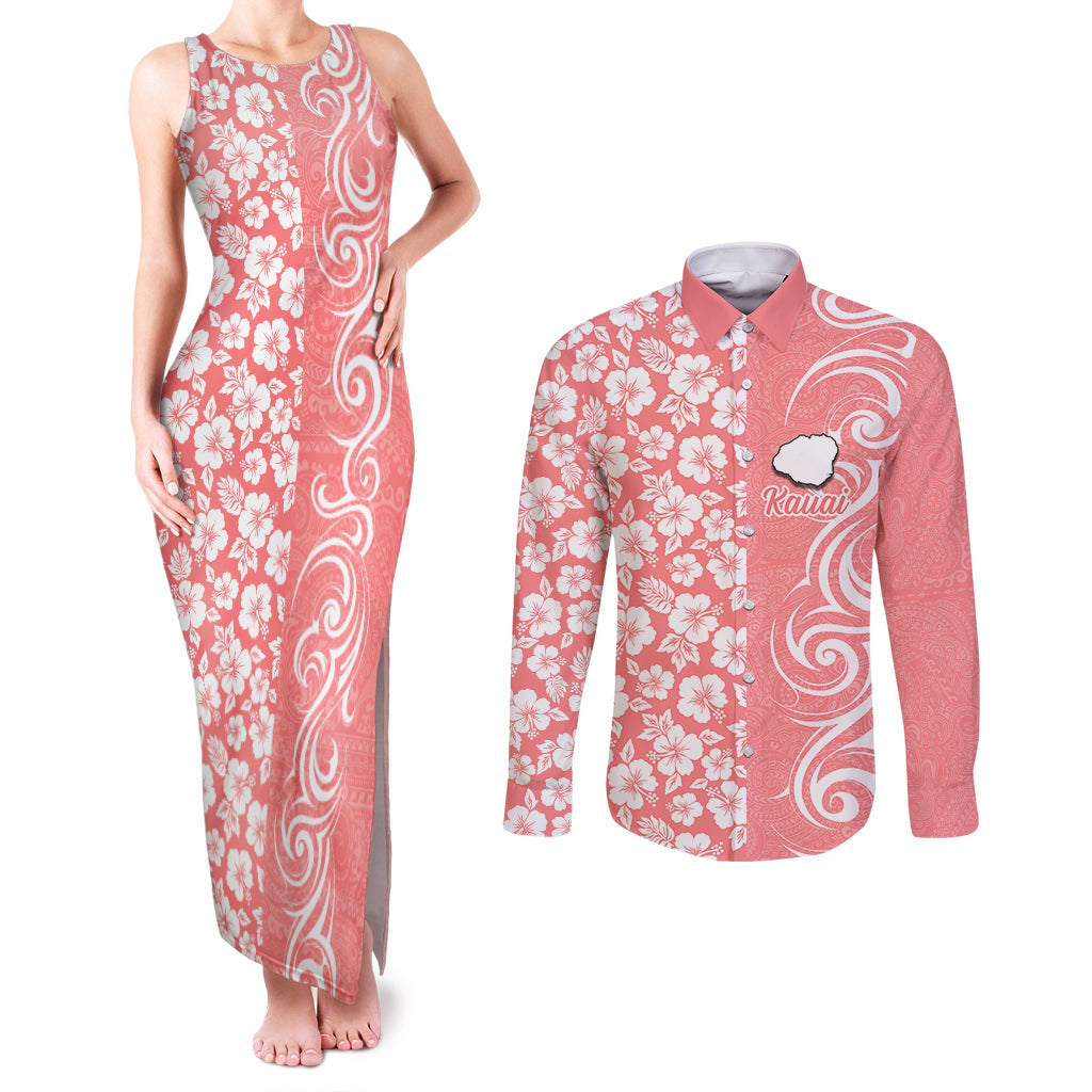 Hawaii Kauai Island Couples Matching Tank Maxi Dress and Long Sleeve Button Shirts Hibiscus Pattern Seamless Tribal Simple Pink Pastel LT03 Pink - Polynesian Pride