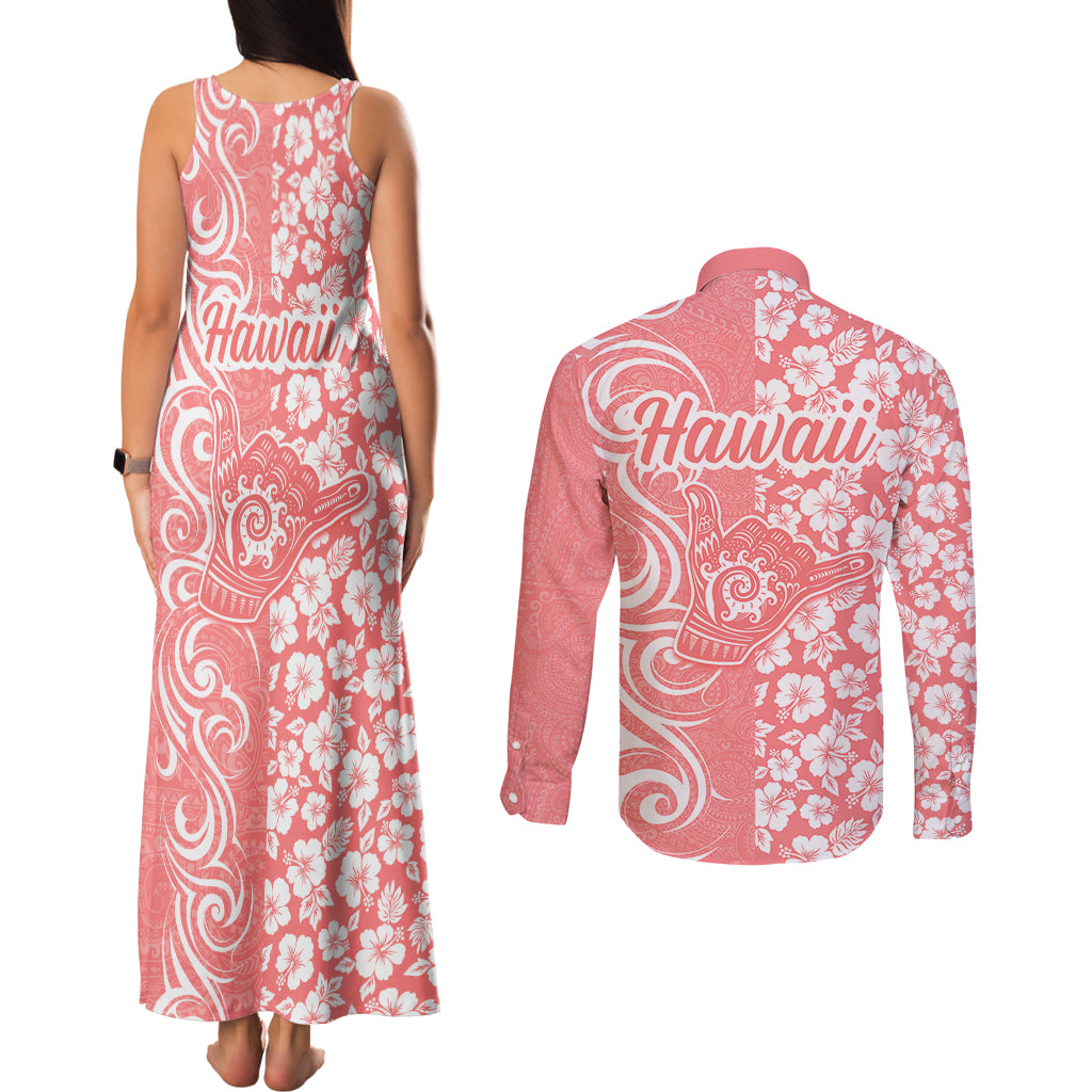 Hawaii Kauai Island Couples Matching Tank Maxi Dress and Long Sleeve Button Shirts Hibiscus Pattern Seamless Tribal Simple Pink Pastel LT03 - Polynesian Pride