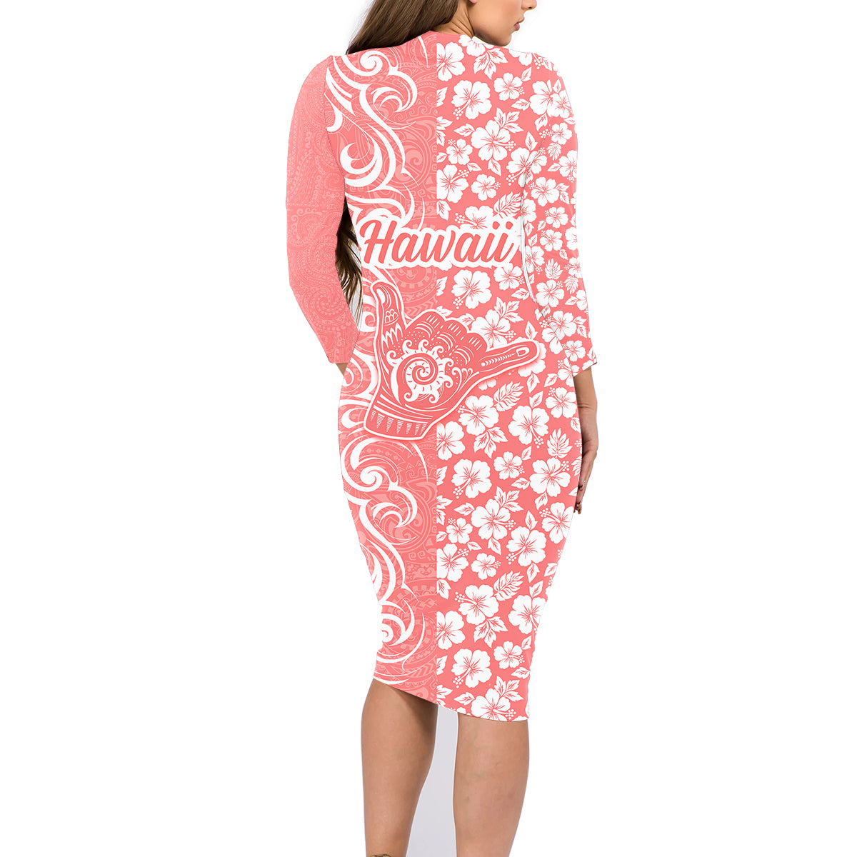 Hawaii Kauai Island Family Matching Long Sleeve Bodycon Dress and Hawaiian Shirt Hibiscus Pattern Seamless Tribal Simple Pink Pastel LT03 - Polynesian Pride