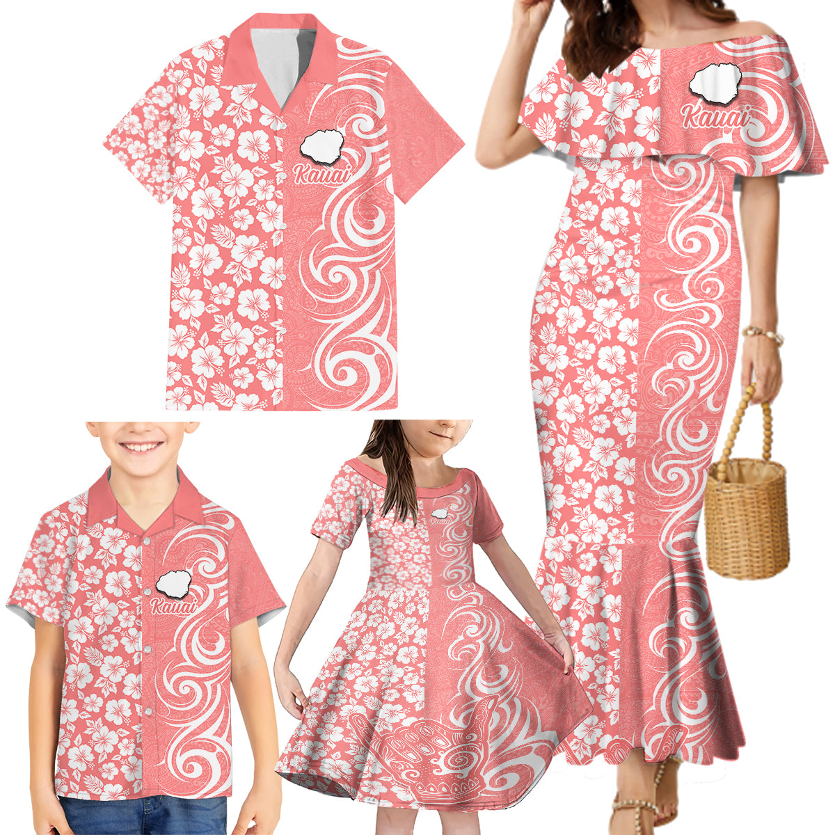 Hawaii Kauai Island Family Matching Mermaid Dress and Hawaiian Shirt Hibiscus Pattern Seamless Tribal Simple Pink Pastel LT03 - Polynesian Pride