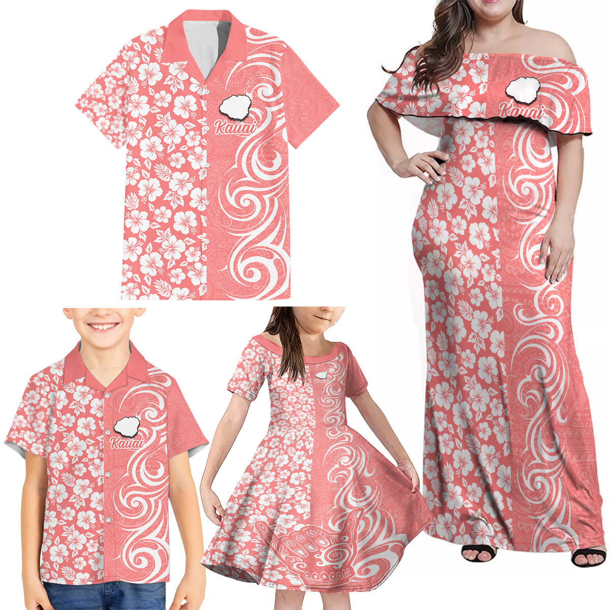 Hawaii Kauai Island Family Matching Off Shoulder Maxi Dress and Hawaiian Shirt Hibiscus Pattern Seamless Tribal Simple Pink Pastel LT03 - Polynesian Pride