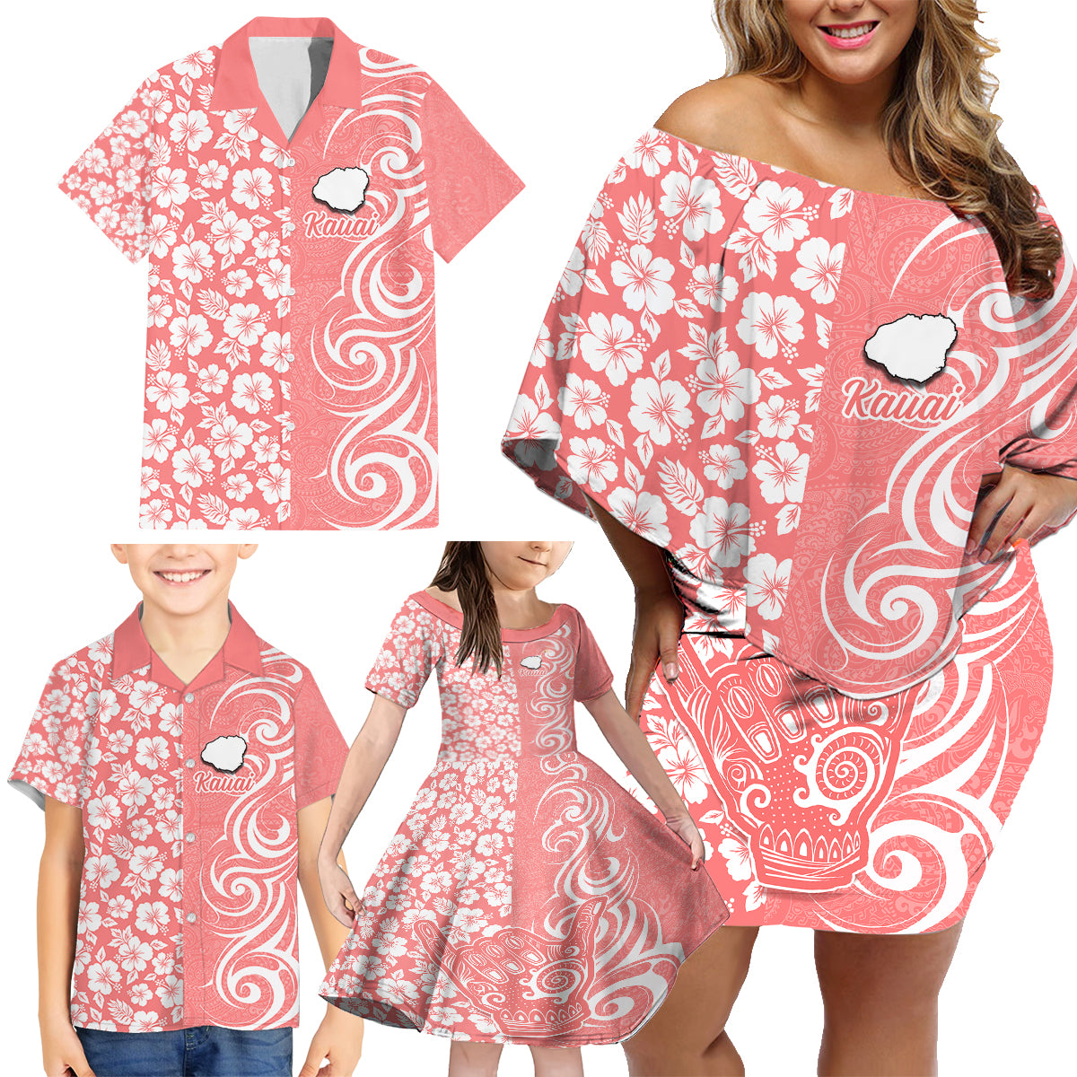 Hawaii Kauai Island Family Matching Off Shoulder Short Dress and Hawaiian Shirt Hibiscus Pattern Seamless Tribal Simple Pink Pastel LT03 - Polynesian Pride