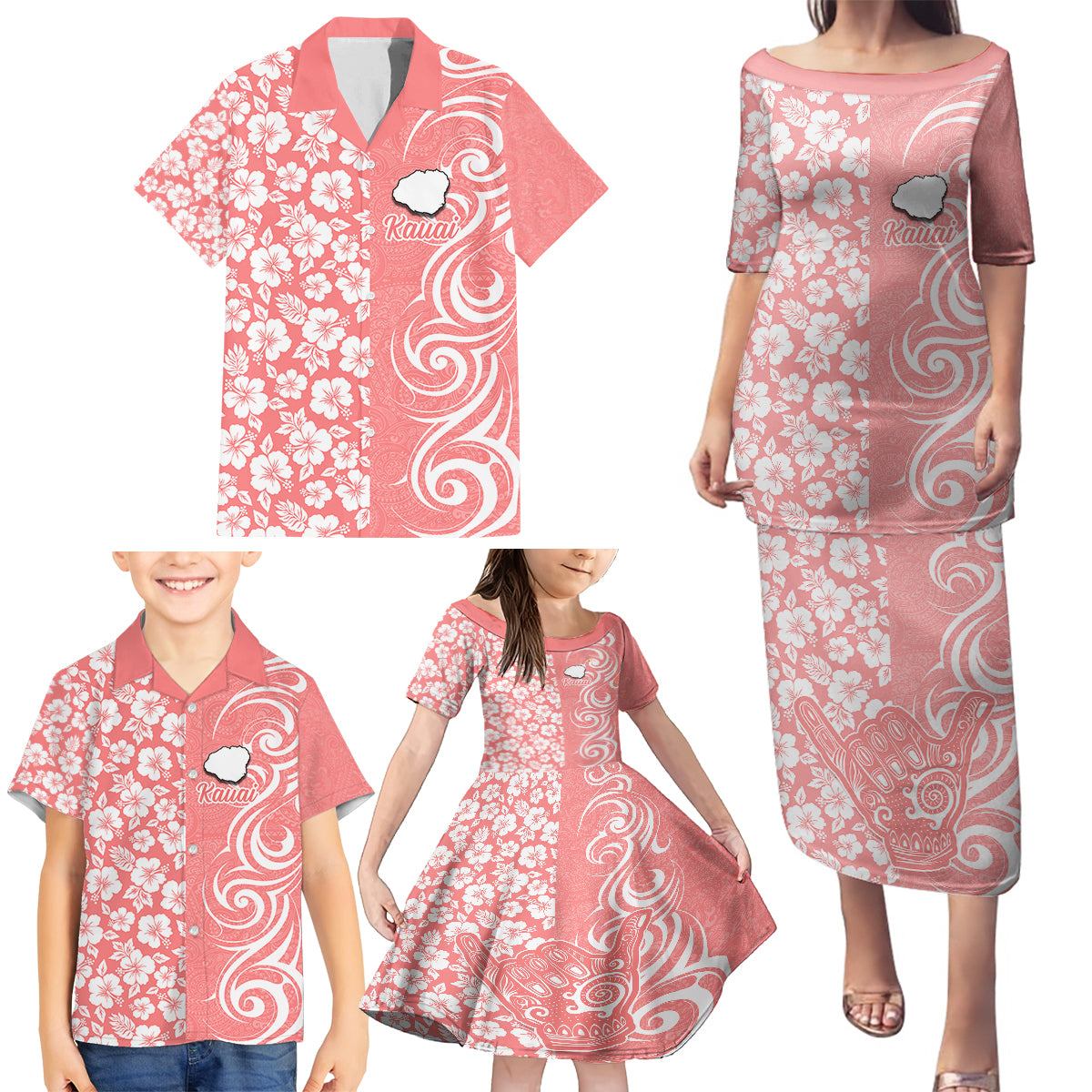 Hawaii Kauai Island Family Matching Puletasi Dress and Hawaiian Shirt Hibiscus Pattern Seamless Tribal Simple Pink Pastel LT03 - Polynesian Pride