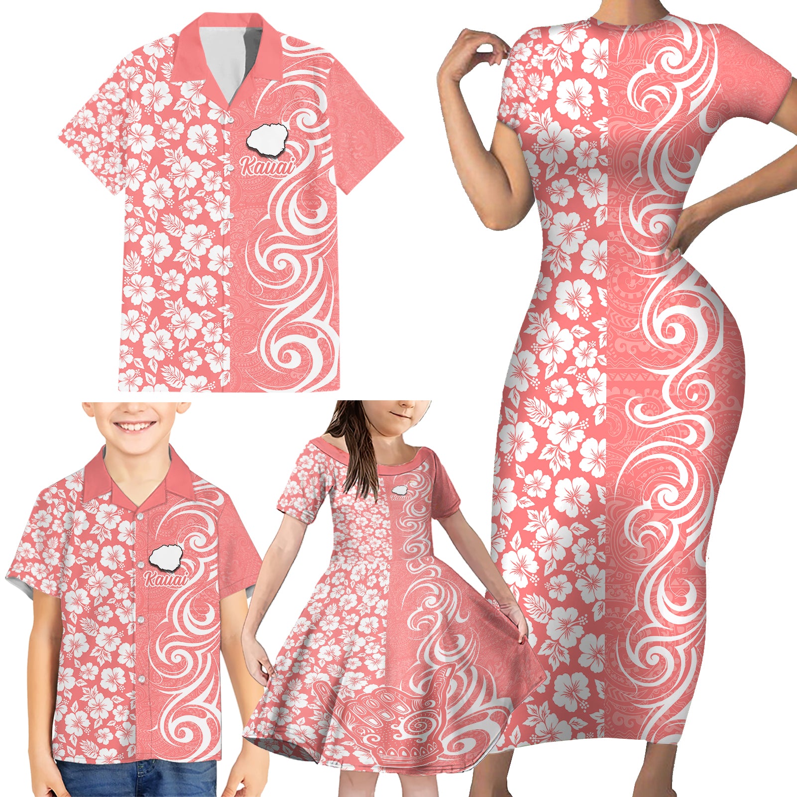 Hawaii Kauai Island Family Matching Short Sleeve Bodycon Dress and Hawaiian Shirt Hibiscus Pattern Seamless Tribal Simple Pink Pastel LT03 - Polynesian Pride