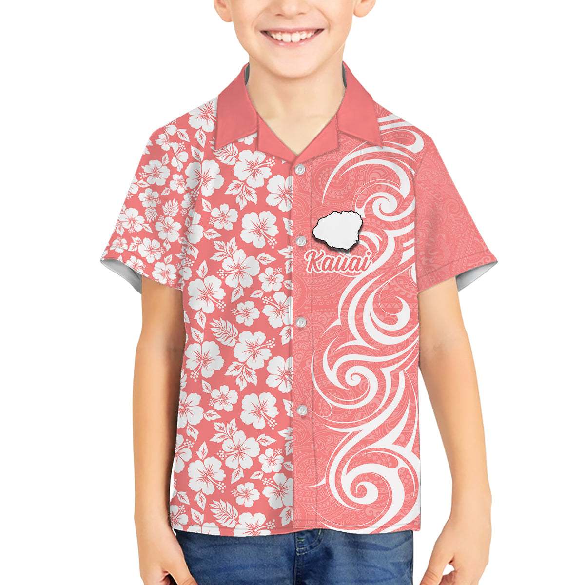Hawaii Kauai Island Kid Hawaiian Shirt Hibiscus Pattern Seamless Tribal Simple Pink Pastel LT03 Kid Pink - Polynesian Pride