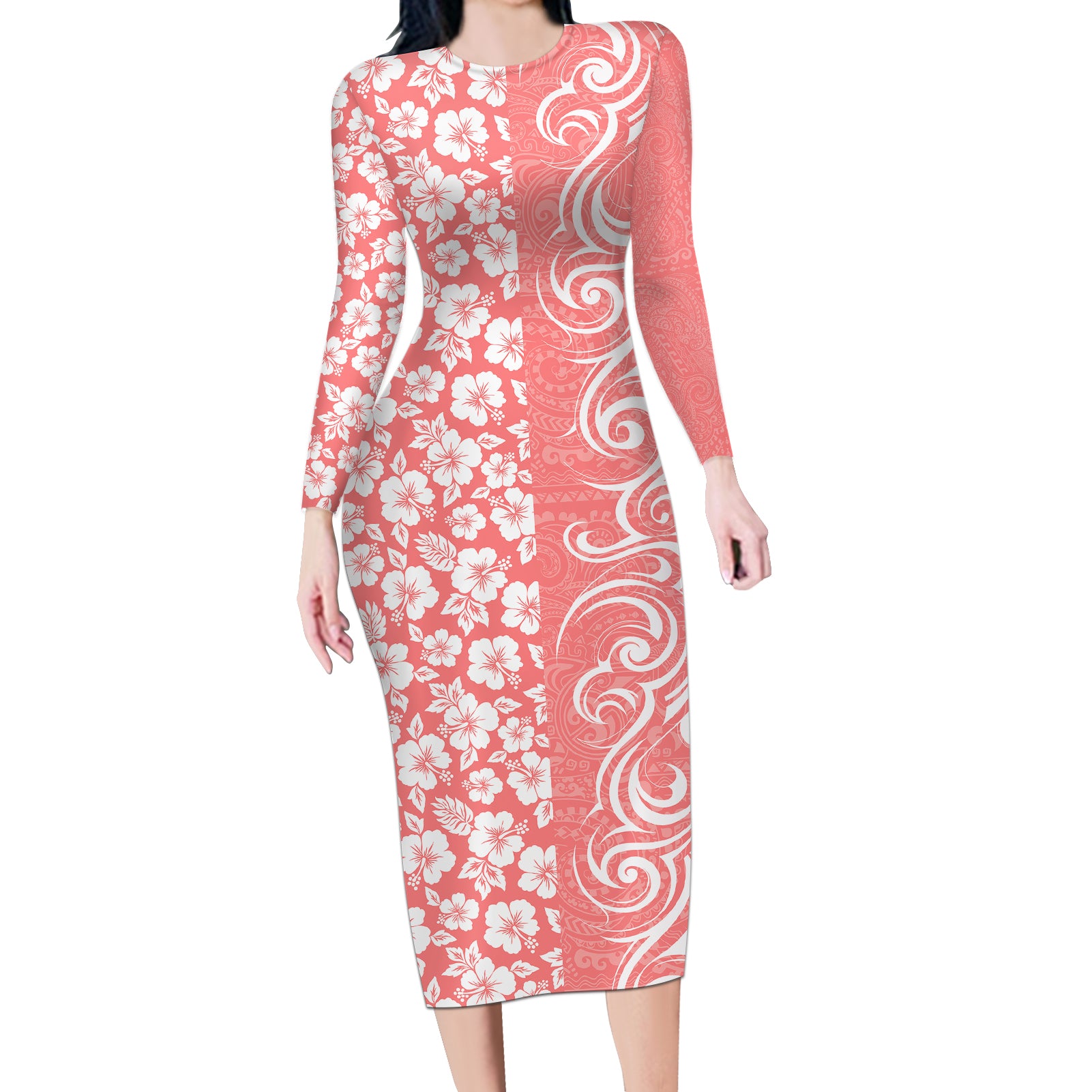 Hawaii Kauai Island Long Sleeve Bodycon Dress Hibiscus Pattern Seamless Tribal Simple Pink Pastel LT03 Long Dress Pink - Polynesian Pride