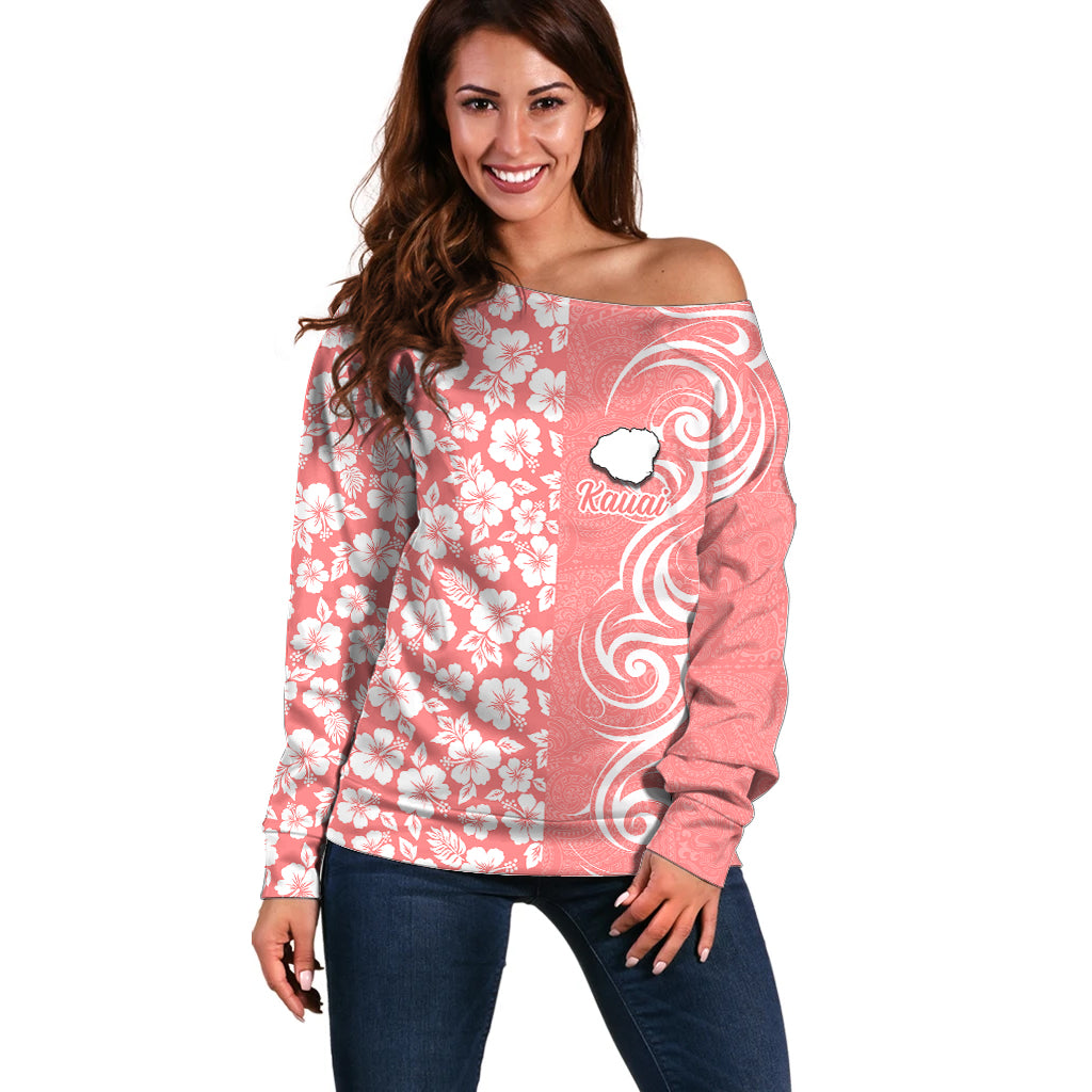 Hawaii Kauai Island Off Shoulder Sweater Hibiscus Pattern Seamless Tribal Simple Pink Pastel LT03 Women Pink - Polynesian Pride