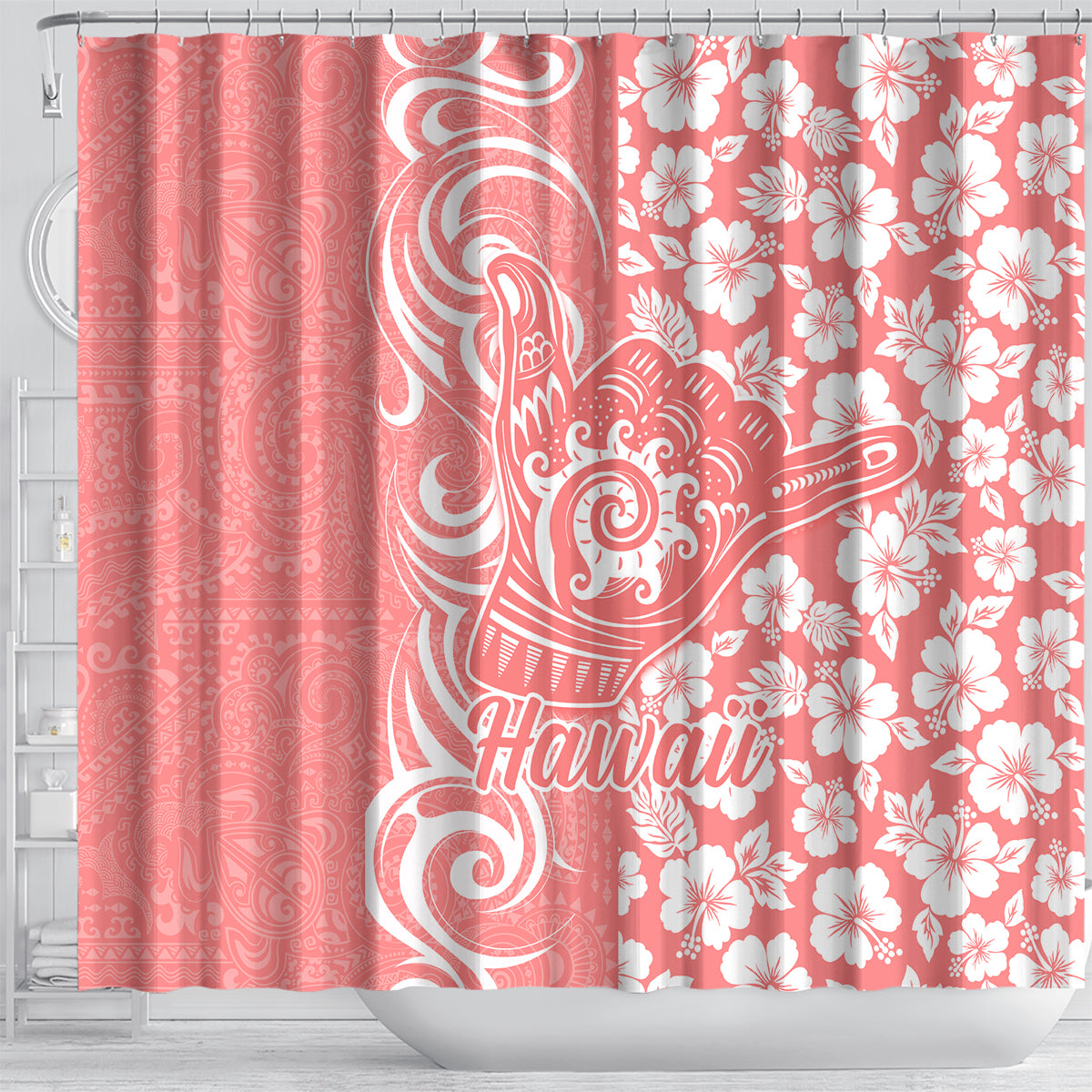 Hawaii Kauai Island Shower Curtain Hibiscus Pattern Seamless Tribal Simple Pink Pastel LT03 - Polynesian Pride
