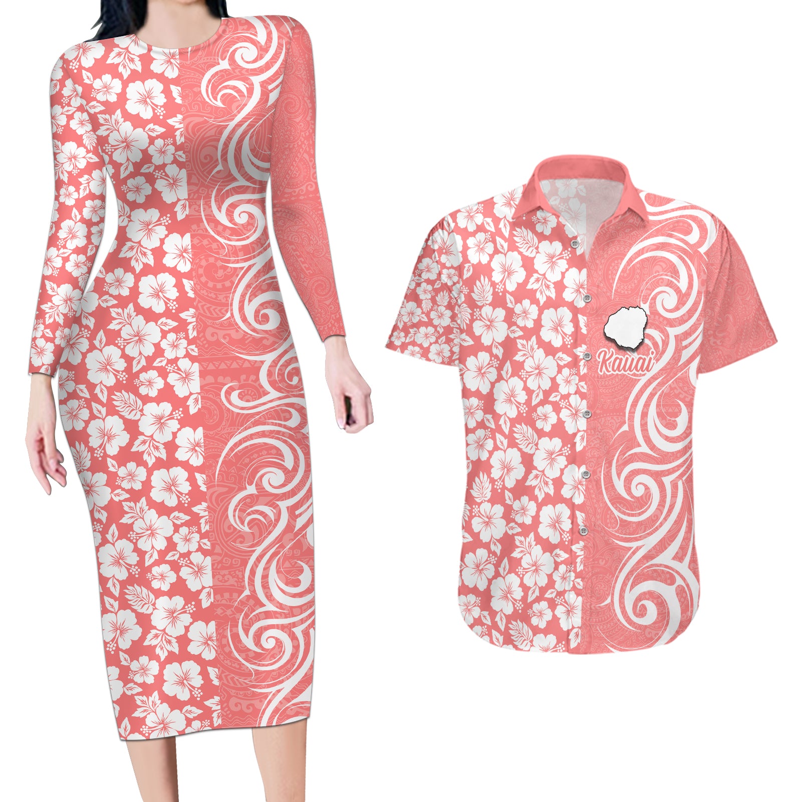 Custom Hawaii Kauai Island Couples Matching Long Sleeve Bodycon Dress and Hawaiian Shirt Hibiscus Pattern Seamless Tribal Simple Pink Pastel LT03 Pink - Polynesian Pride