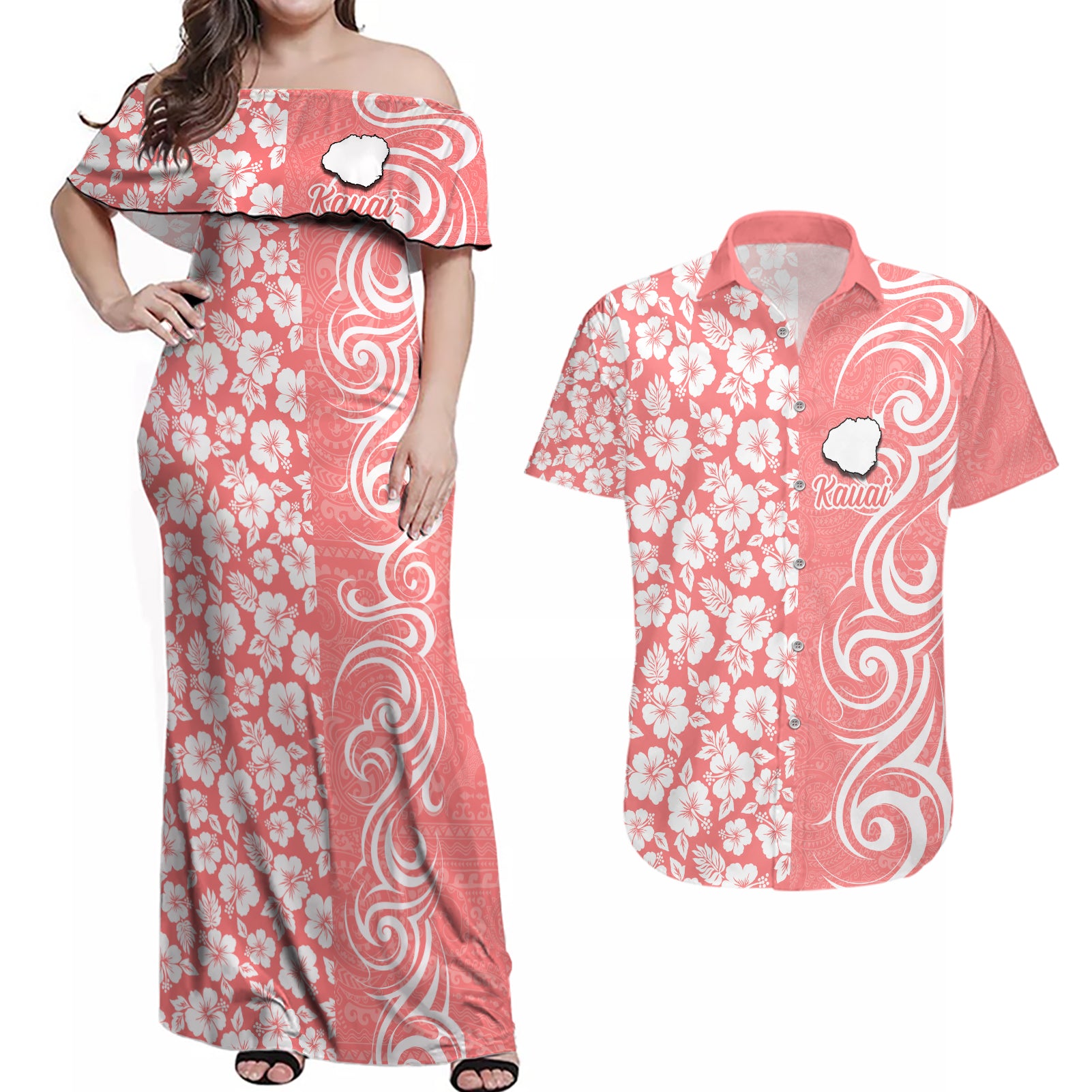 Custom Hawaii Kauai Island Couples Matching Off Shoulder Maxi Dress and Hawaiian Shirt Hibiscus Pattern Seamless Tribal Simple Pink Pastel LT03 Pink - Polynesian Pride