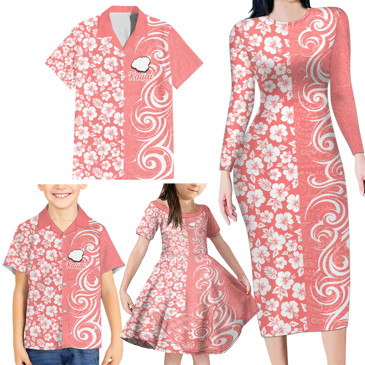 Custom Hawaii Kauai Island Family Matching Long Sleeve Bodycon Dress and Hawaiian Shirt Hibiscus Pattern Seamless Tribal Simple Pink Pastel LT03 - Polynesian Pride