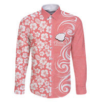 Custom Hawaii Kauai Island Family Matching Off Shoulder Maxi Dress and Hawaiian Shirt Hibiscus Pattern Seamless Tribal Simple Pink Pastel LT03 Dad's Shirt - Long Sleeve Pink - Polynesian Pride