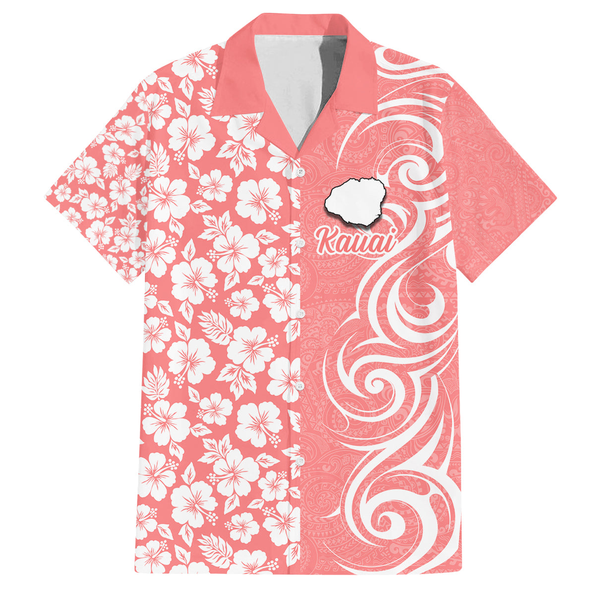 Custom Hawaii Kauai Island Family Matching Off Shoulder Short Dress and Hawaiian Shirt Hibiscus Pattern Seamless Tribal Simple Pink Pastel LT03 Dad's Shirt - Short Sleeve Pink - Polynesian Pride