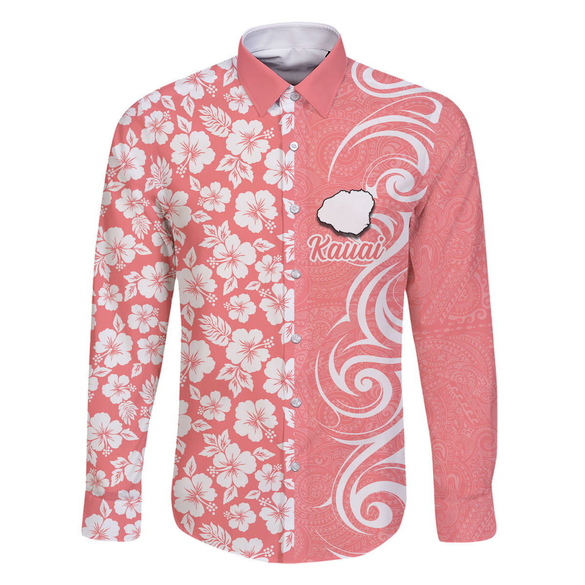 Custom Hawaii Kauai Island Family Matching Off Shoulder Short Dress and Hawaiian Shirt Hibiscus Pattern Seamless Tribal Simple Pink Pastel LT03 Dad's Shirt - Long Sleeve Pink - Polynesian Pride