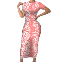 Custom Hawaii Kauai Island Family Matching Short Sleeve Bodycon Dress and Hawaiian Shirt Hibiscus Pattern Seamless Tribal Simple Pink Pastel LT03 Mom's Dress Pink - Polynesian Pride