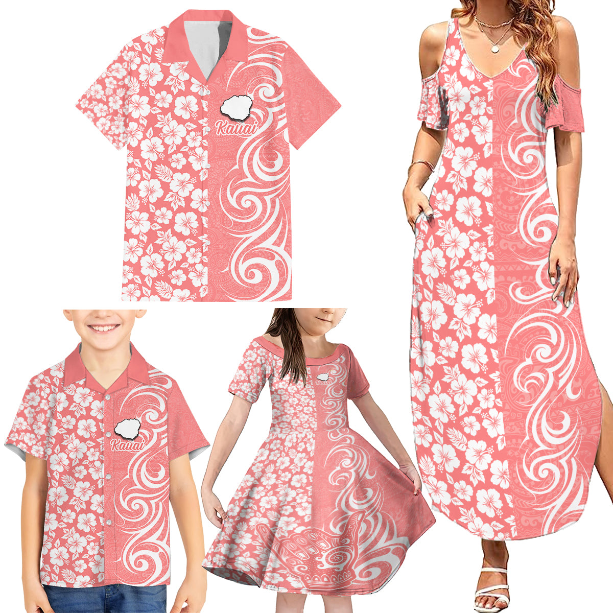 Custom Hawaii Kauai Island Family Matching Summer Maxi Dress and Hawaiian Shirt Hibiscus Pattern Seamless Tribal Simple Pink Pastel LT03 - Polynesian Pride