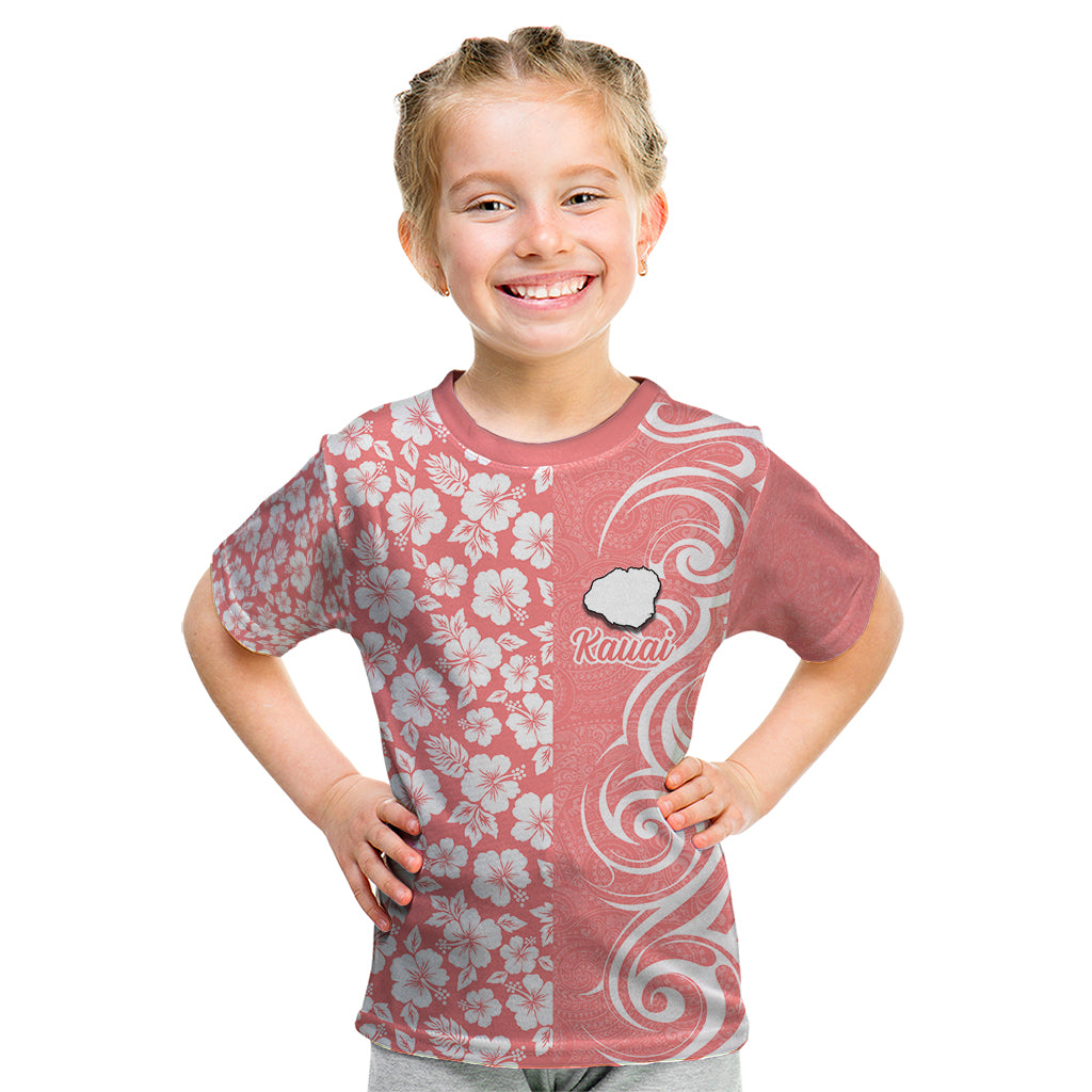 Custom Hawaii Kauai Island Kid T Shirt Hibiscus Pattern Seamless Tribal Simple Pink Pastel LT03 Pink - Polynesian Pride