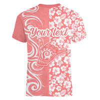 Custom Hawaii Kauai Island Women V Neck T Shirt Hibiscus Pattern Seamless Tribal Simple Pink Pastel LT03 - Polynesian Pride