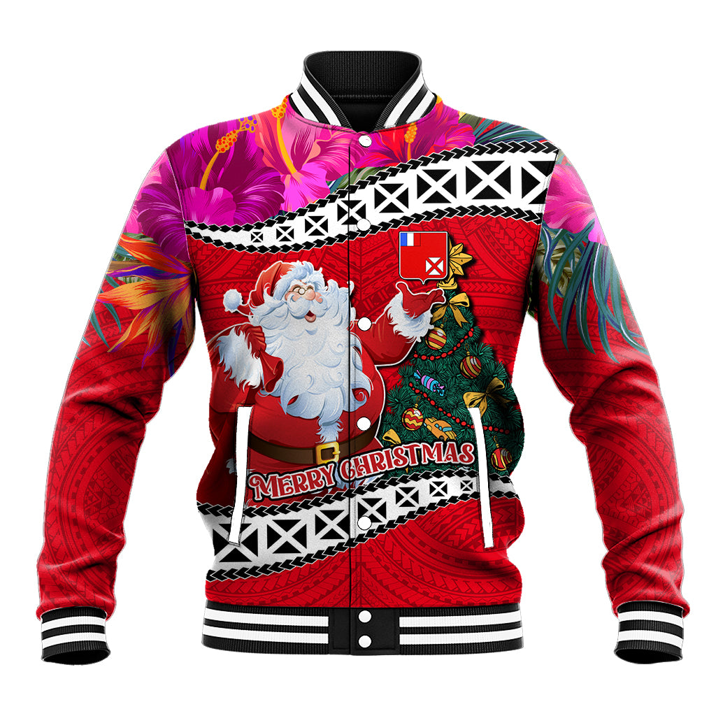 Wallis and Futuna Christmas Baseball Jacket Santa Claus Holding Coat of Arms Polynesian Xmas Style LT03 Unisex Red - Polynesian Pride