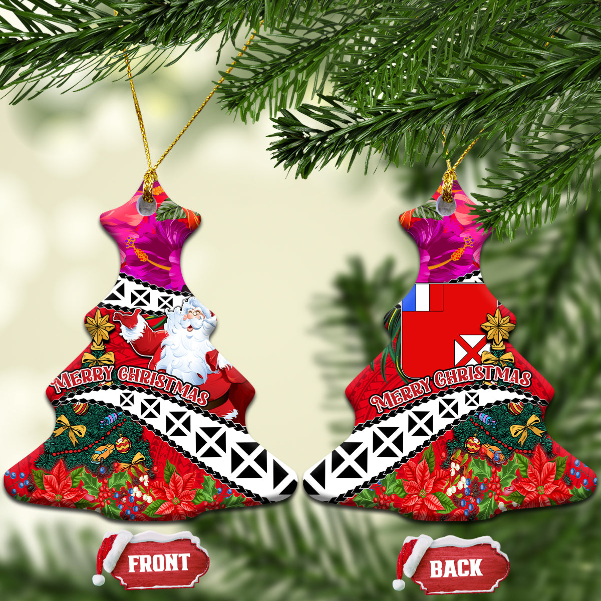 Wallis and Futuna Christmas Ceramic Ornament Santa Claus Holding Coat of Arms Polynesian Xmas Style LT03 Christmas Tree Red - Polynesian Pride