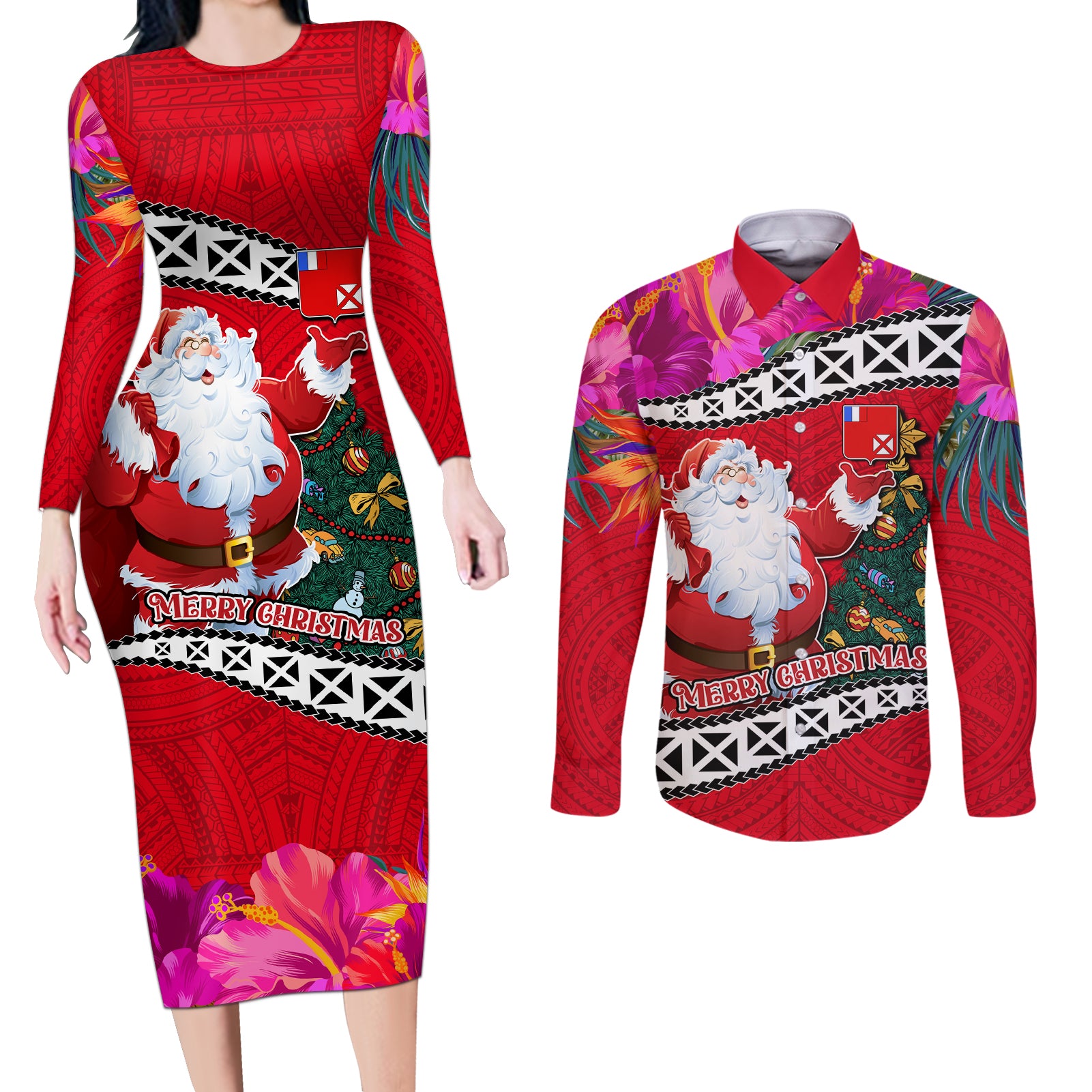 Wallis and Futuna Christmas Couples Matching Long Sleeve Bodycon Dress and Long Sleeve Button Shirt Santa Claus Holding Coat of Arms Polynesian Xmas Style LT03 Red - Polynesian Pride