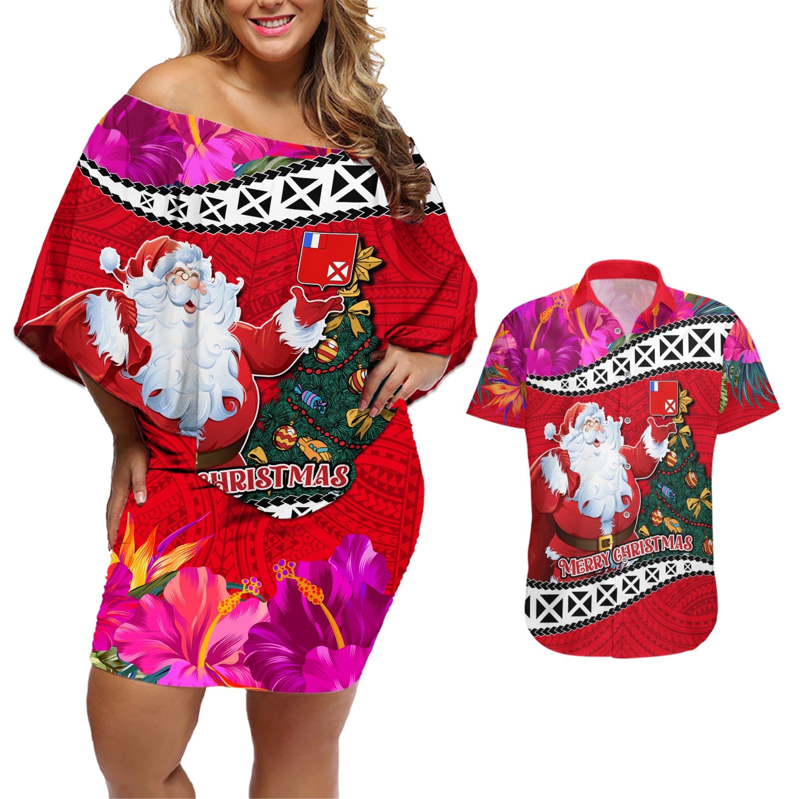 Wallis and Futuna Christmas Couples Matching Off Shoulder Short Dress and Hawaiian Shirt Santa Claus Holding Coat of Arms Polynesian Xmas Style LT03 Red - Polynesian Pride