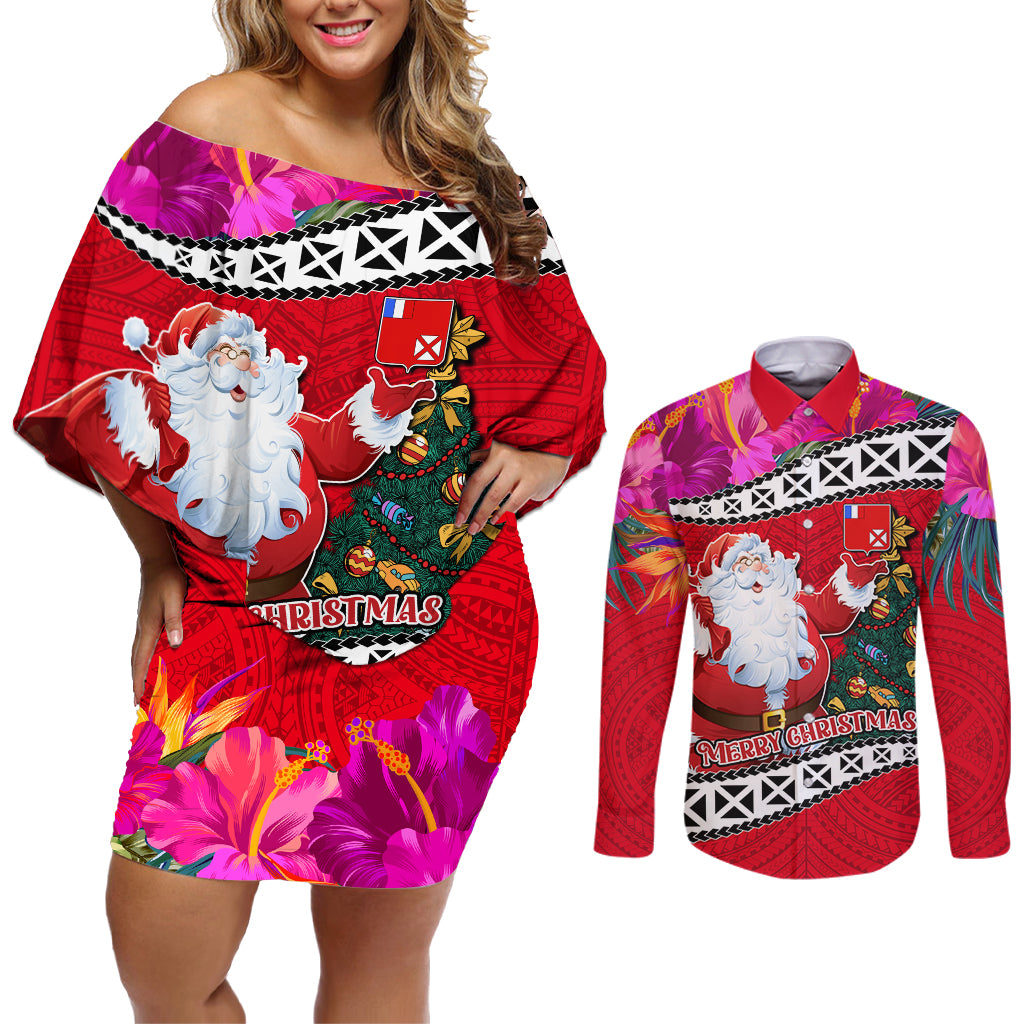 Wallis and Futuna Christmas Couples Matching Off Shoulder Short Dress and Long Sleeve Button Shirt Santa Claus Holding Coat of Arms Polynesian Xmas Style LT03 Red - Polynesian Pride