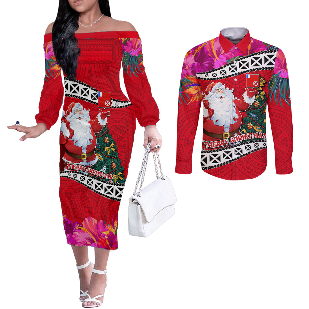 Wallis and Futuna Christmas Couples Matching Off The Shoulder Long Sleeve Dress and Long Sleeve Button Shirt Santa Claus Holding Coat of Arms Polynesian Xmas Style LT03 Red - Polynesian Pride