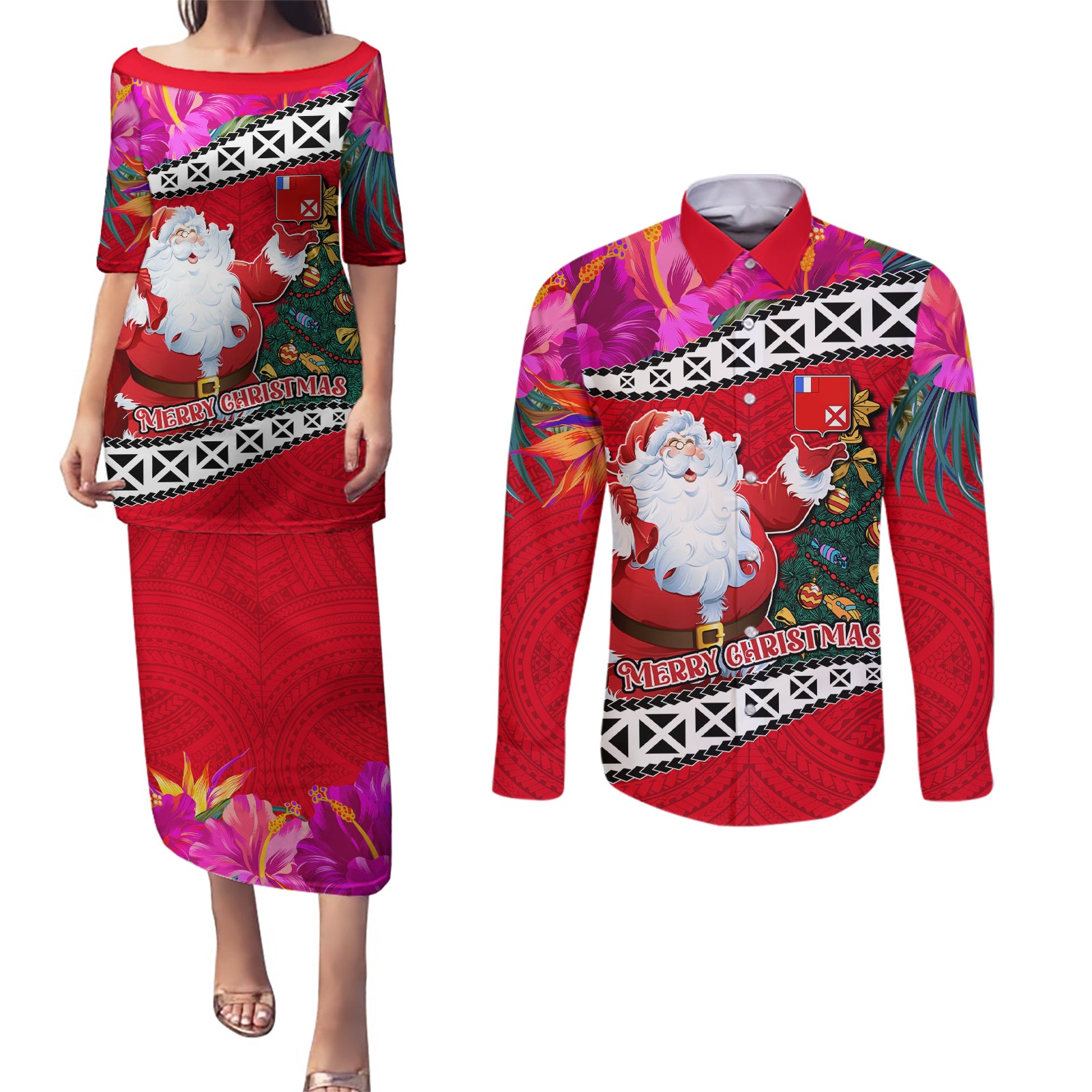 Wallis and Futuna Christmas Couples Matching Puletasi Dress and Long Sleeve Button Shirt Santa Claus Holding Coat of Arms Polynesian Xmas Style LT03 Red - Polynesian Pride