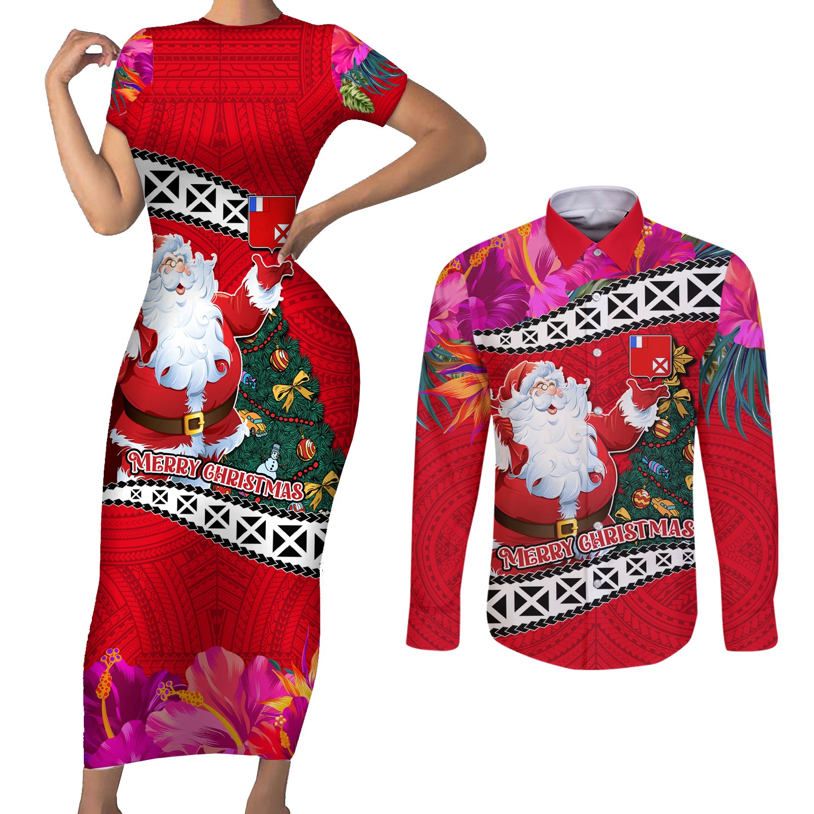 Wallis and Futuna Christmas Couples Matching Short Sleeve Bodycon Dress and Long Sleeve Button Shirt Santa Claus Holding Coat of Arms Polynesian Xmas Style LT03 Red - Polynesian Pride