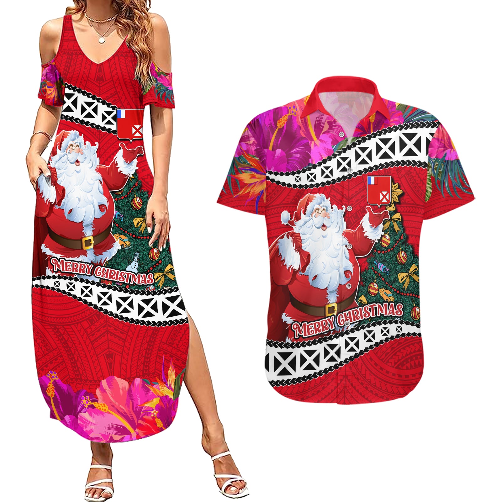 Wallis and Futuna Christmas Couples Matching Summer Maxi Dress and Hawaiian Shirt Santa Claus Holding Coat of Arms Polynesian Xmas Style LT03 Red - Polynesian Pride