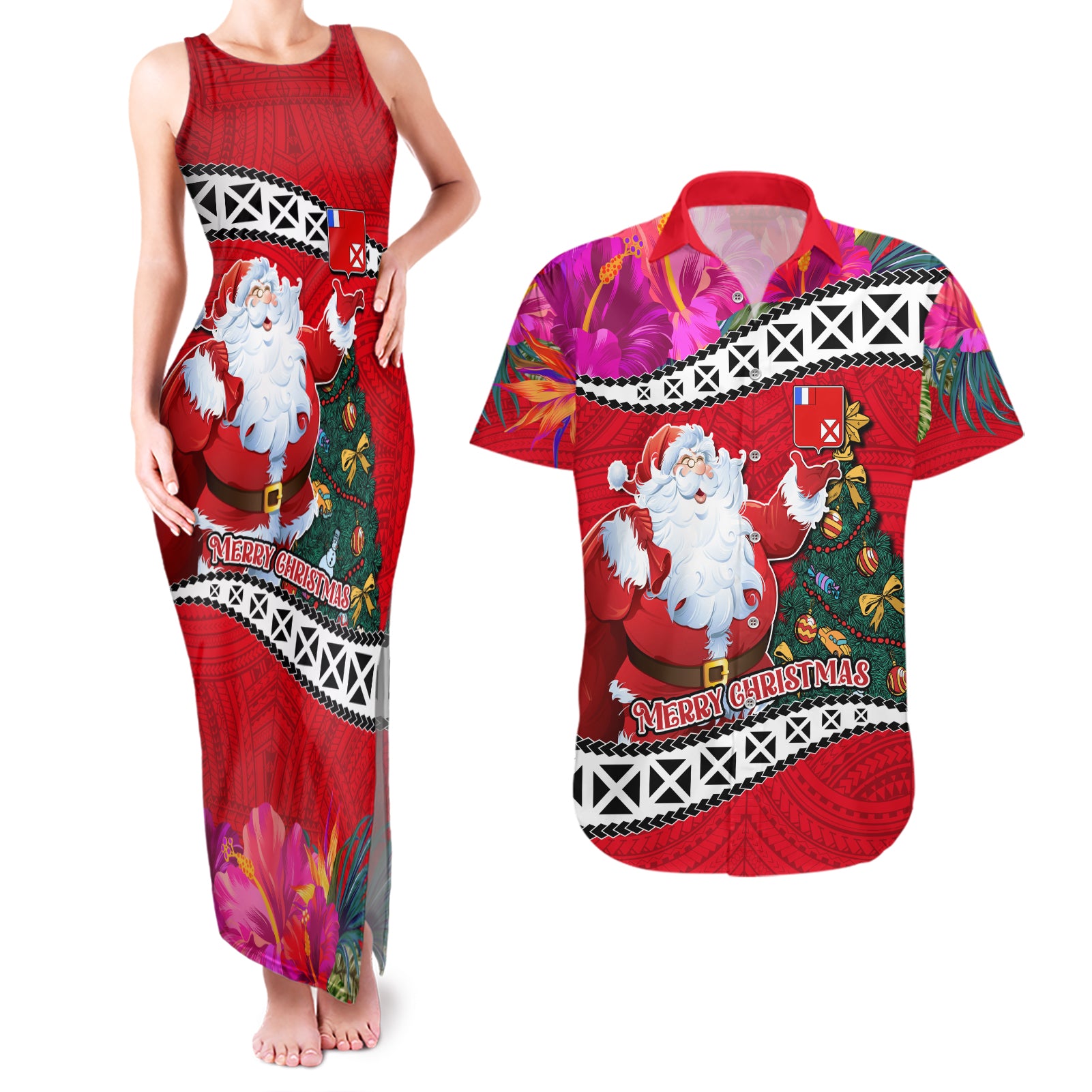 Wallis and Futuna Christmas Couples Matching Tank Maxi Dress and Hawaiian Shirt Santa Claus Holding Coat of Arms Polynesian Xmas Style LT03 Red - Polynesian Pride